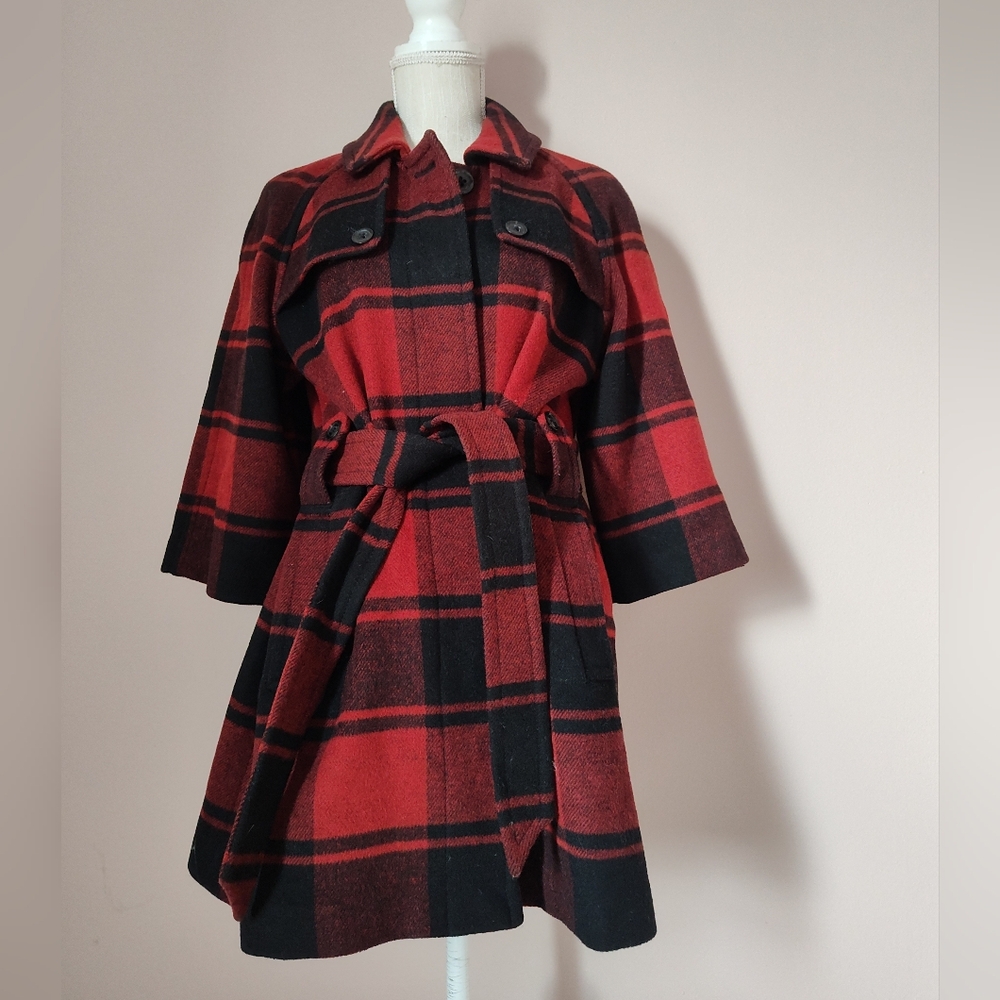 🥰 Vintage Y2K (2008) GAP Buffalo Plaid 3/4 Sleeve Mid Length Wool Pea Coat, SM - Picture 6 of 15